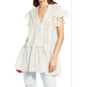 Free People Blouse Womens XS Ivory Stripe Lace Embroidered Baby Blues Tunic